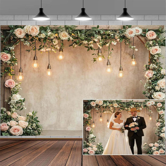 10x8ft Country Wedding Photography Backdrop Floral Rustic Roses Farmhouse Wooden Door Backdrop Pink Flower Birthday Baby Shower Wedding Bridal Party Banner Photo Booth Props Anniversary Background