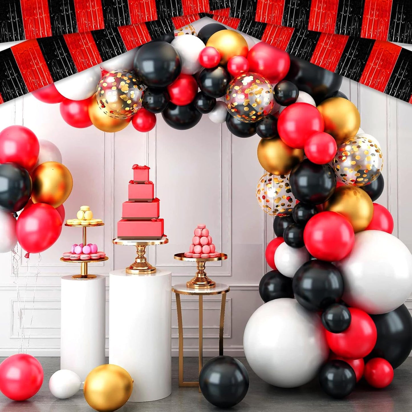 6 Pack 10 Feet Black Red Foil Fringe Garland Metallic Tinsel Streamers Banner Wall Hanging Curtain Backdrop for Parade Floats, Birthday, Graduate, Mother's Day, Wedding Party Decoration