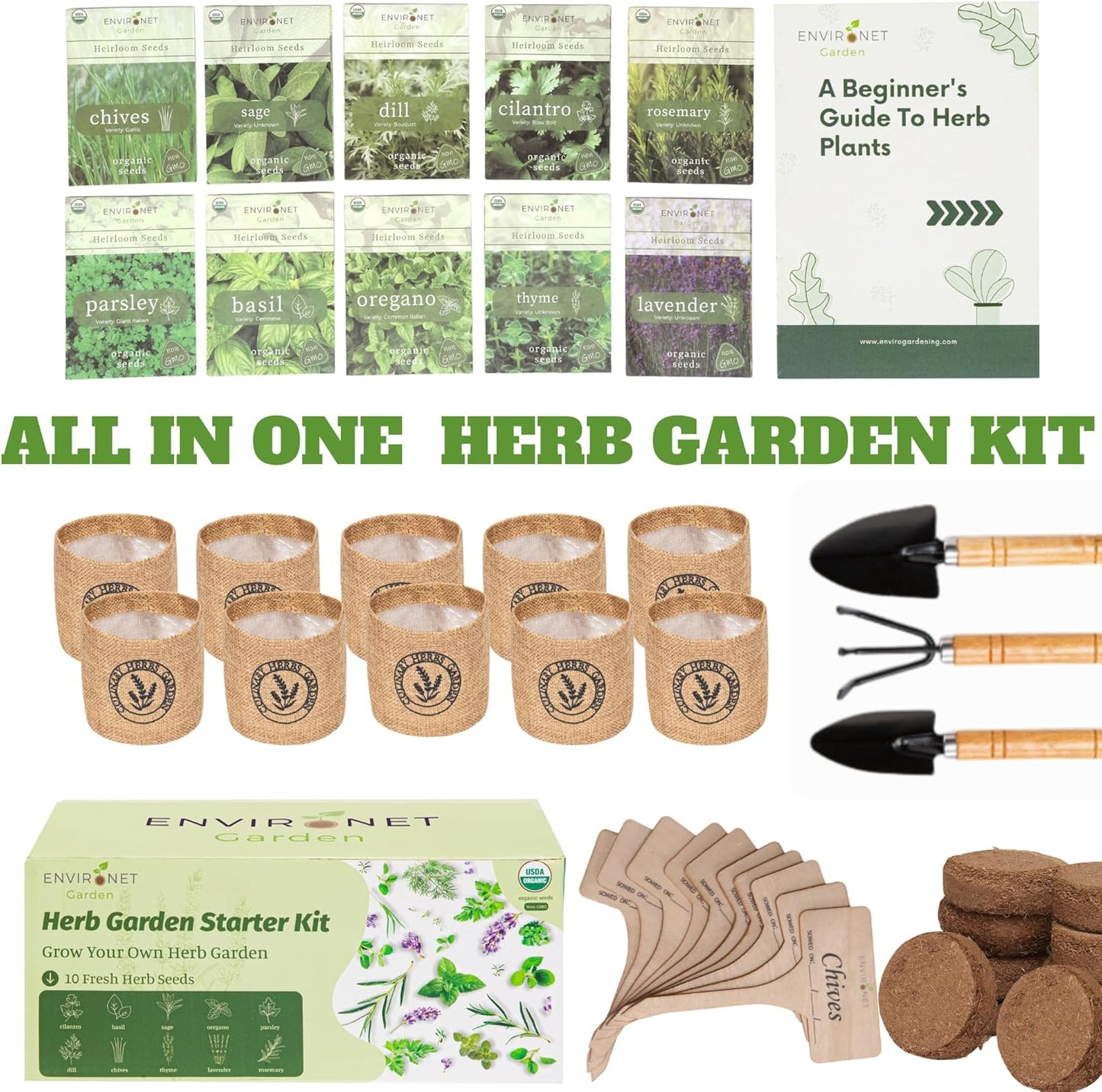 10 Indoor Herb Garden Kit- Burlap Pots, Organic Seeds, Herb Garden Planter Indoor Kit, Easy Window & Kitchen Herbs Growing Kit, Cilantro, Basil, Sage, Oregano, Parsley, Dill, Chives etc.