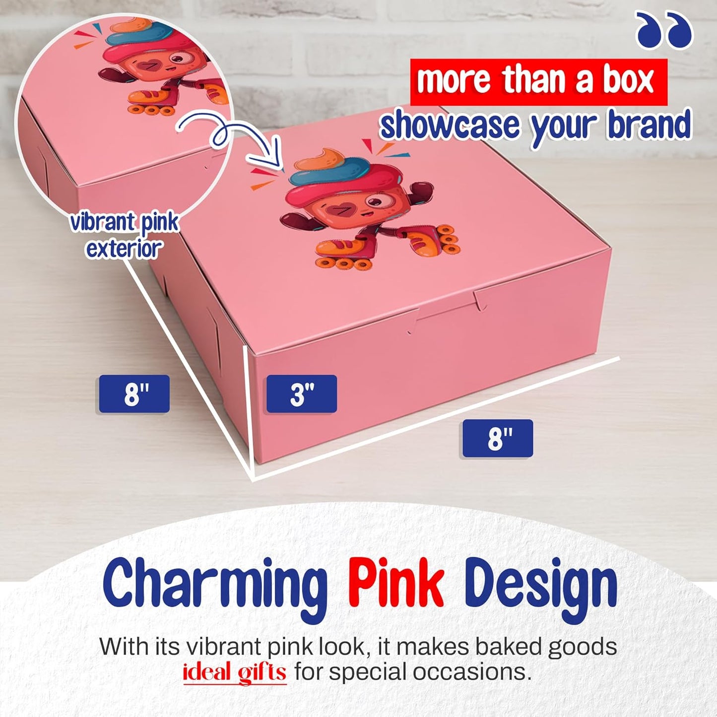 MT Products Custom Printed Pink Cupcake Boxes 8" x 8" x 3" - Personalized Disposable Bakery Boxes
