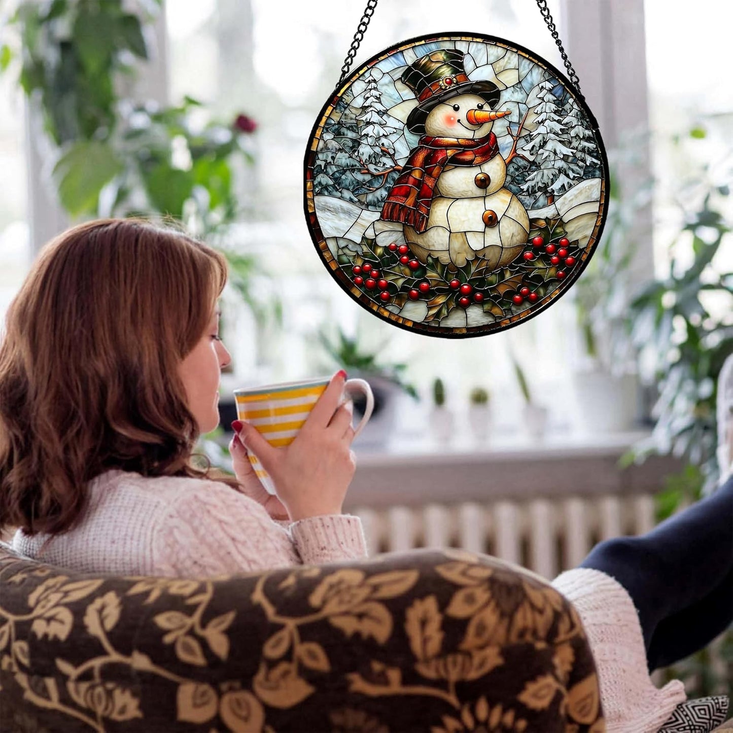Stained Glass Window Hanging - Christmas Snowman Suncatcher for Door Terrace Garden Home Decor Winter Forest Snow Sun Catcher Birthday Gifts for Lovers Women Men Dad Mom Nana 9.8 in