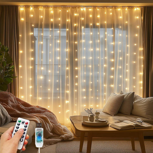 Fairy Curtain Lights, 200 LED Upgraded Tangle-Free Hanging Lights with Remote, USB Plug in String Lights for Bedroom Wall Window Wedding Party Xmas Home Décor - 6.6 x 6.6 Ft, Warm White