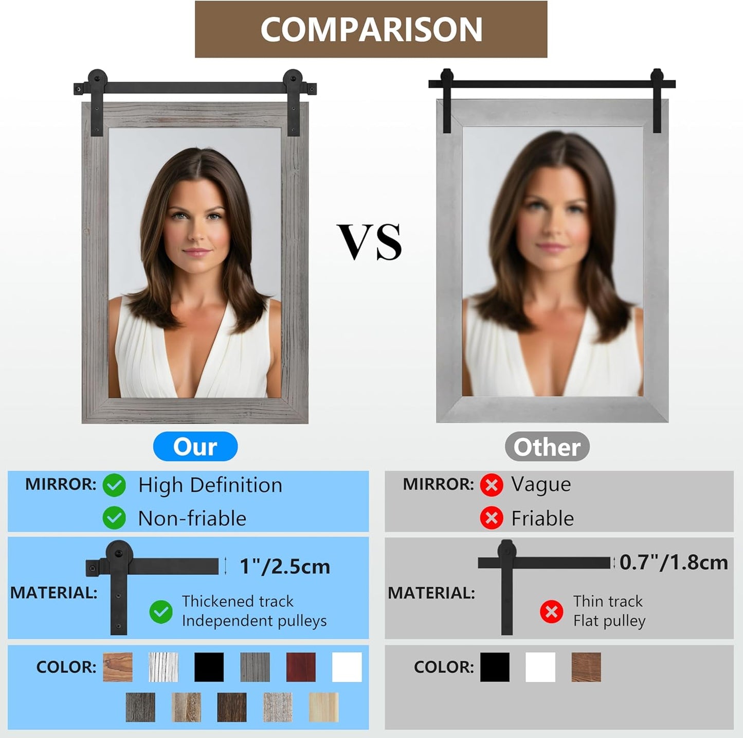 COGOOD Farmhouse Bathroom Mirror - 42 x 29 Rustic Barn Door Style Mirror for Living Room, Entryway, Vanity Wall Decor (Grey)