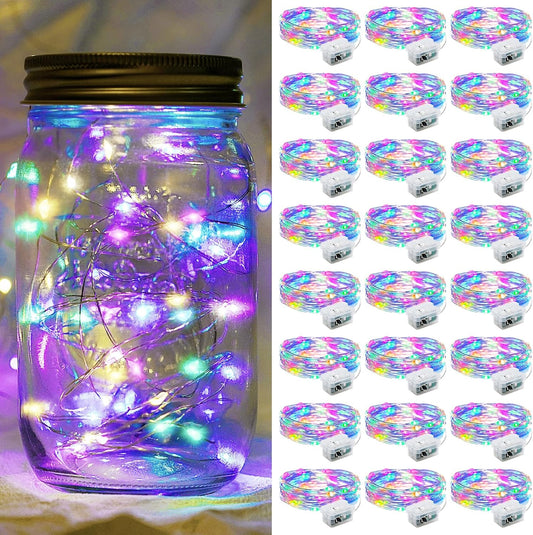 Fairy Lights 7Ft 20 LED Twinkle String Lights 3 Modes Battery Operated Waterproof Firefly Starry for Mason Jar Party Wedding Christmas Valentines Day Table Centerpieces(Rainbow, 24 Pack)