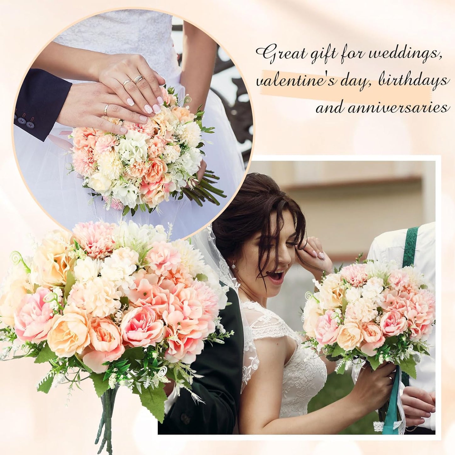 Tigeen Artificial Flowers Artificial Peonies Silk Flowers Faux Peony Fake Peony Silk Hydrangea Bouquet for Wedding Table Centerpiece Floral Vase Decor(White,Pink,6 Bundles)