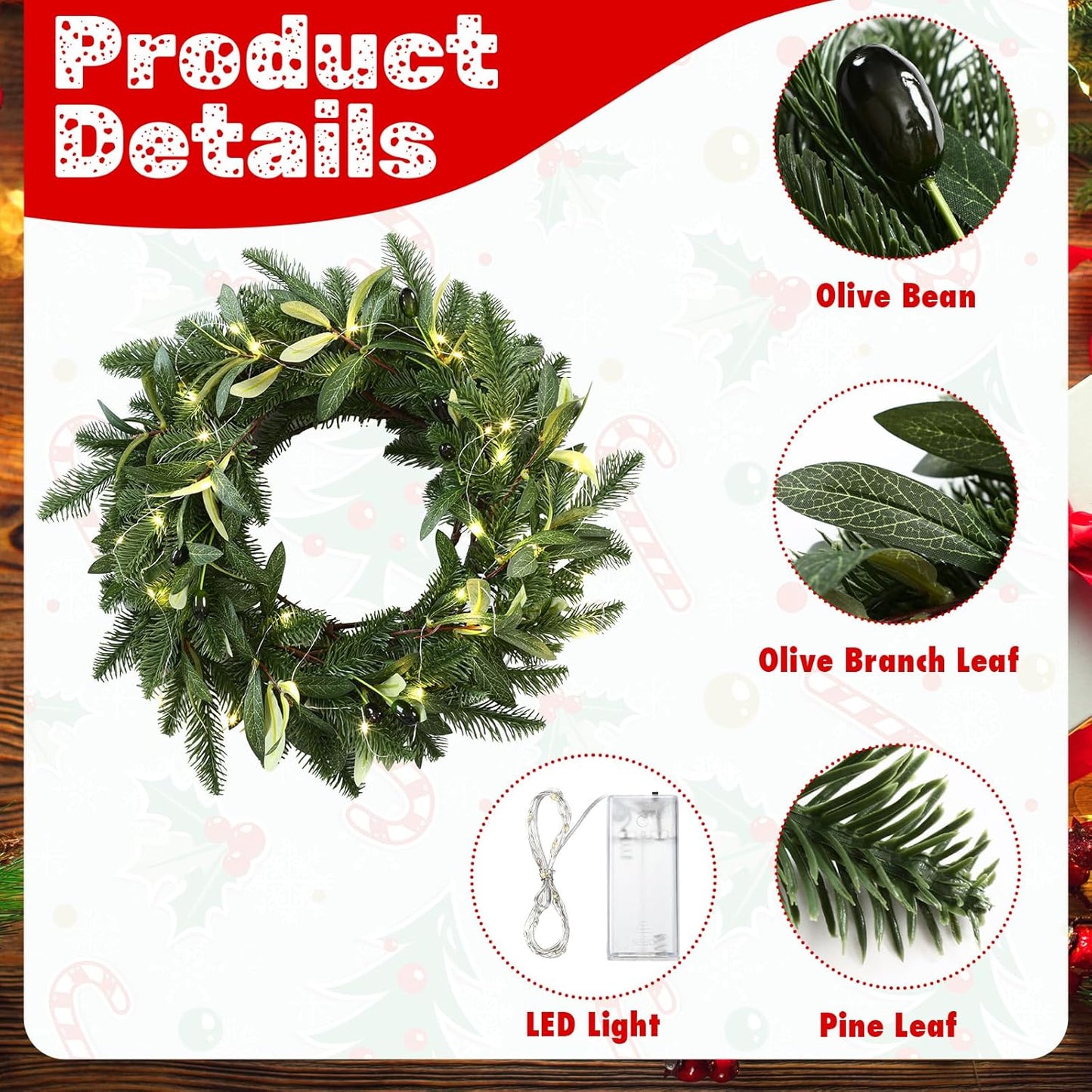 6.56 ft Christmas Artificial Olive Vine with Pine Garland with 9.84 ft LED Fairy Lights Battery Operated Green Dense Artificial Vines for Table Runner Center of Holiday Wedding Arch Party Mantle