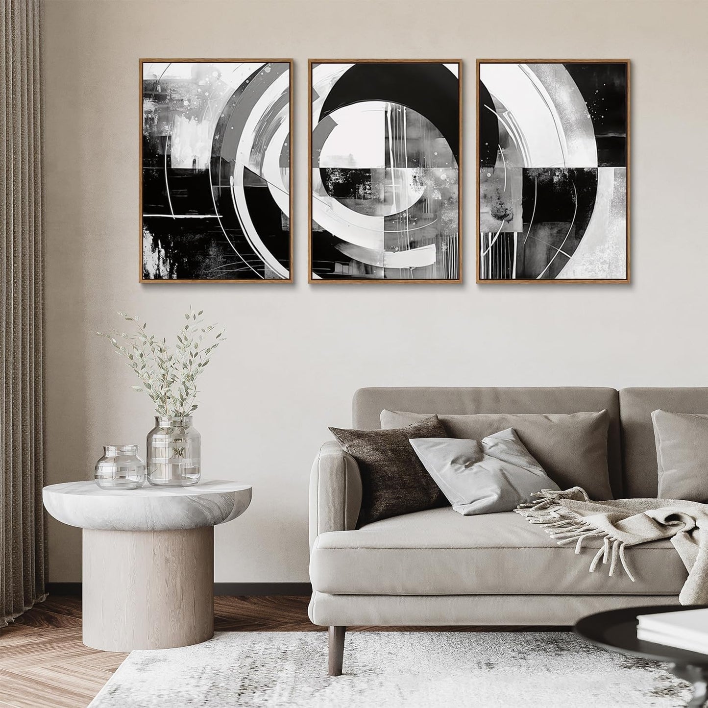 myusuar 3 Piece Large Modern Abstract Canvas Framed Wall Art For Living Room, Black And White Rings Minimalist Wall Art Decor Posters Prints For Bedroom Office, 24x36in