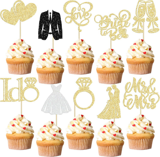 Gyufise 30Pcs Bride to Be Cupcake Toppers Glitter Diamond Ring I Do Love Cupcake Picks Miss to Mrs Bridal Shower Wedding Engagement Bachelorette Cake Decoration Gold