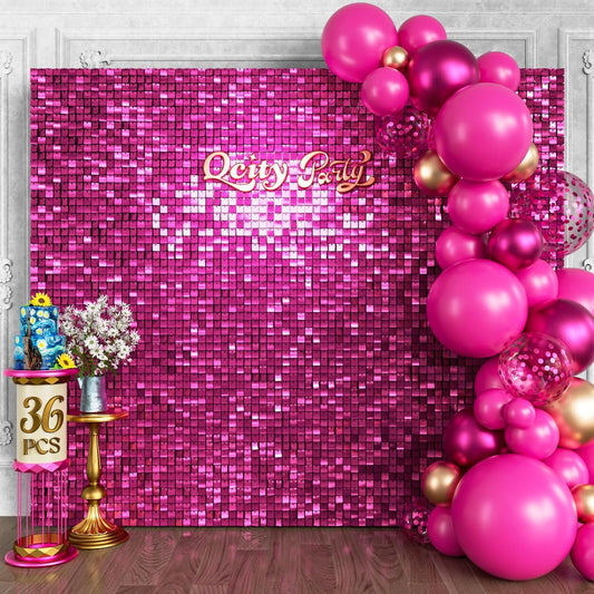 Qcity Hot Pink Shimmer Wall Backdrop 36PCS, Black Back Not See-Through Design, Square Sequin Glitter Backdrop Panel, Perfect for Outdoor Events, Birthdays, Wedding and Party Decoration