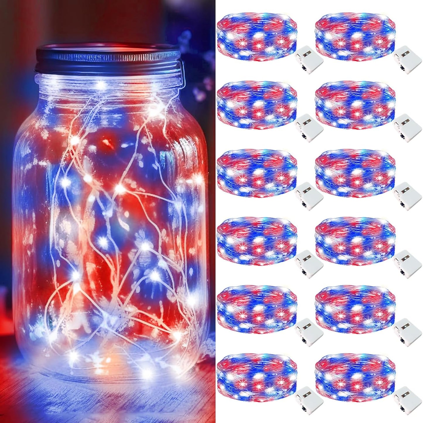 kolpop 12 Pack 4th of July Decor Patriotic Fairy Lights Battery Operated with 3 Modes, Red White Blue Twinkle String Lights Waterproof for Mason Jars Party