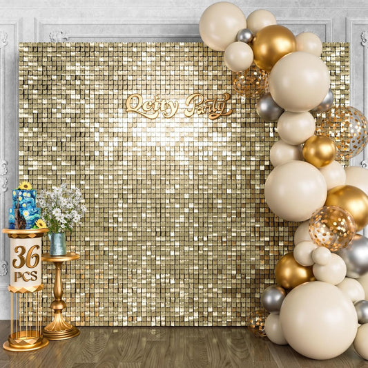Qcity Light Gold Shimmer Wall Backdrop 36PCS, Black Back Not See-Through Design, Square Sequin Glitter Backdrop Panel, Perfect for Outdoor Events, Birthdays, Wedding and Party Decoration