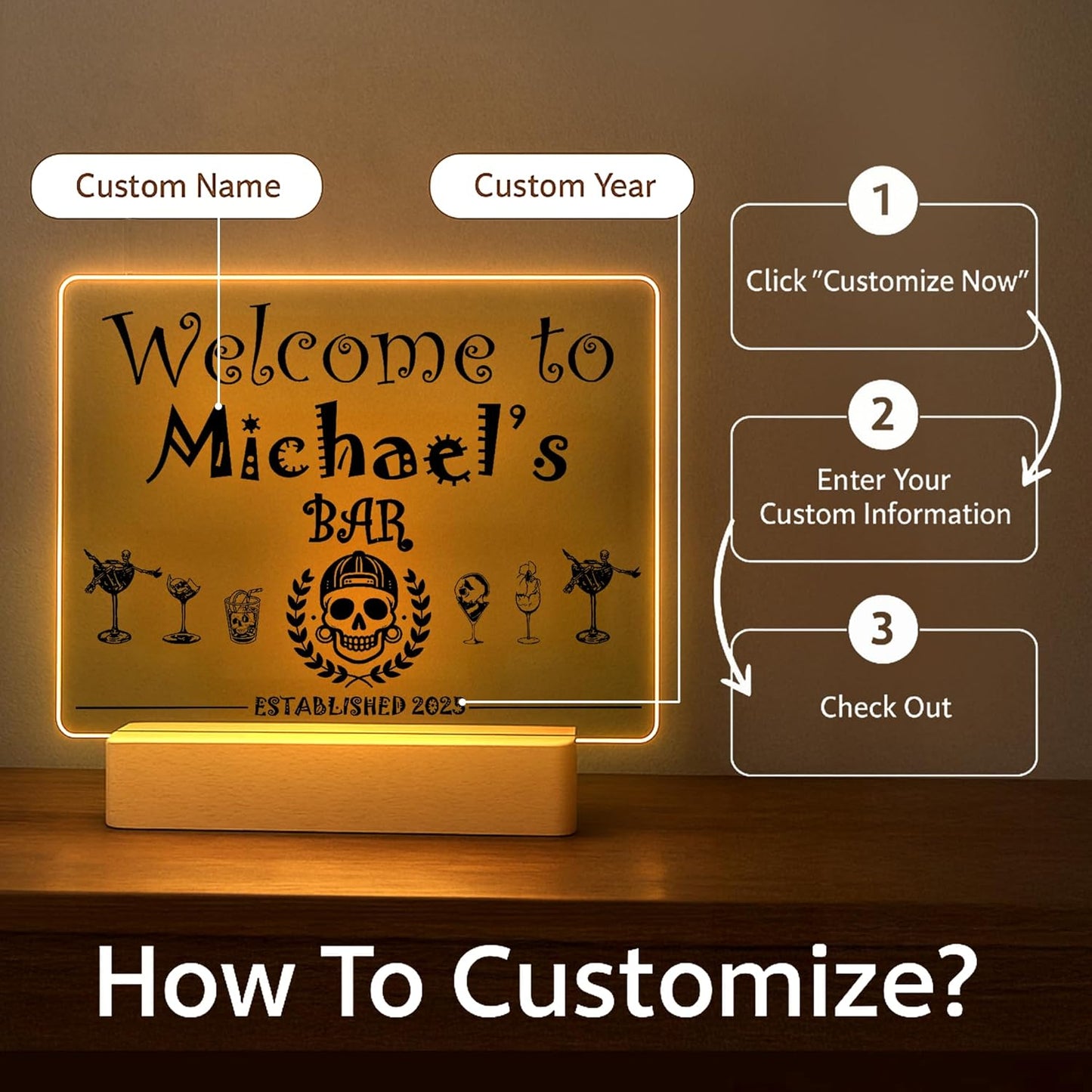 Personalized Bar Gifts for HOME BAR, Custom Name Date Acrylic Light Up Signs, Customized Acrylic Plaque with Night Light, Personalized Night Light for Man Cave Decor