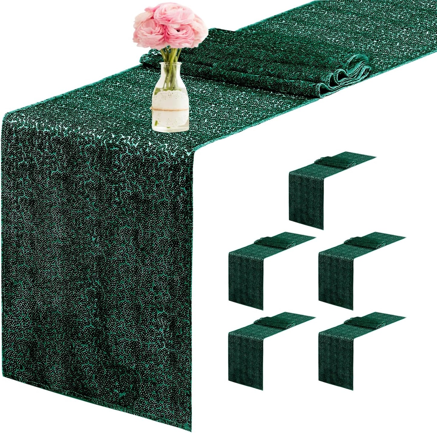 6 Packs 12 x 72 inches Sequin Table Runner, Hunter Green Glitter Table Runner for Birthday Party Supplies Wedding Engagement Baby Shower Holiday Celebration Event Decorations