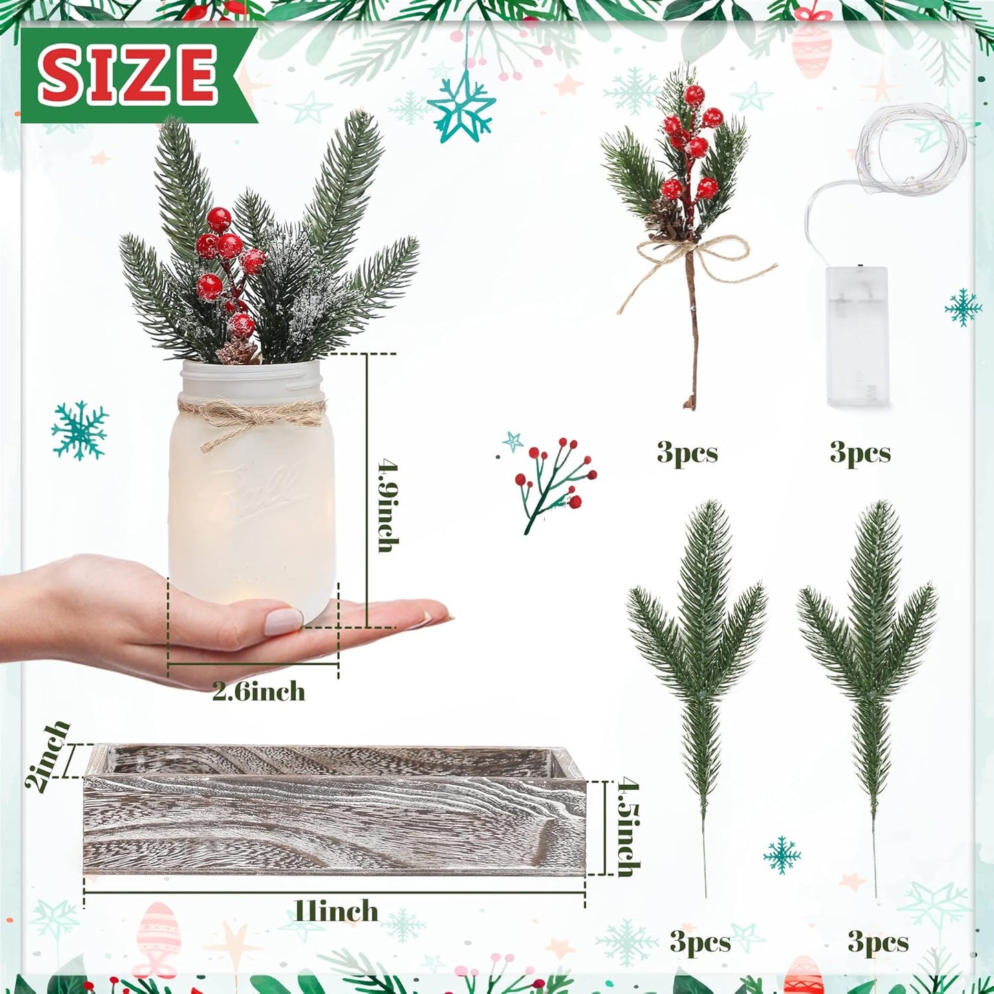 Christmas Mason Jars, Christmas Centerpiece Table Settings, Wood Tray with 3 Painted Jars, Dining Coffee Table Centerpiece, For Kitchen, Living Room, White Mason Jar Decor with Flowers