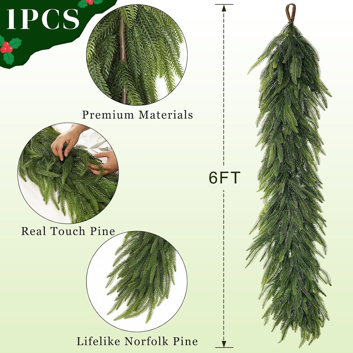 6FT Christmas Norfolk Pine Garland -1PCS, Artificial Pine Needles Garlands Faux Greenery Fake Garland for Holiday Fireplace,Table,Window,Stairs,Mante,Indoor Outdoor Decor