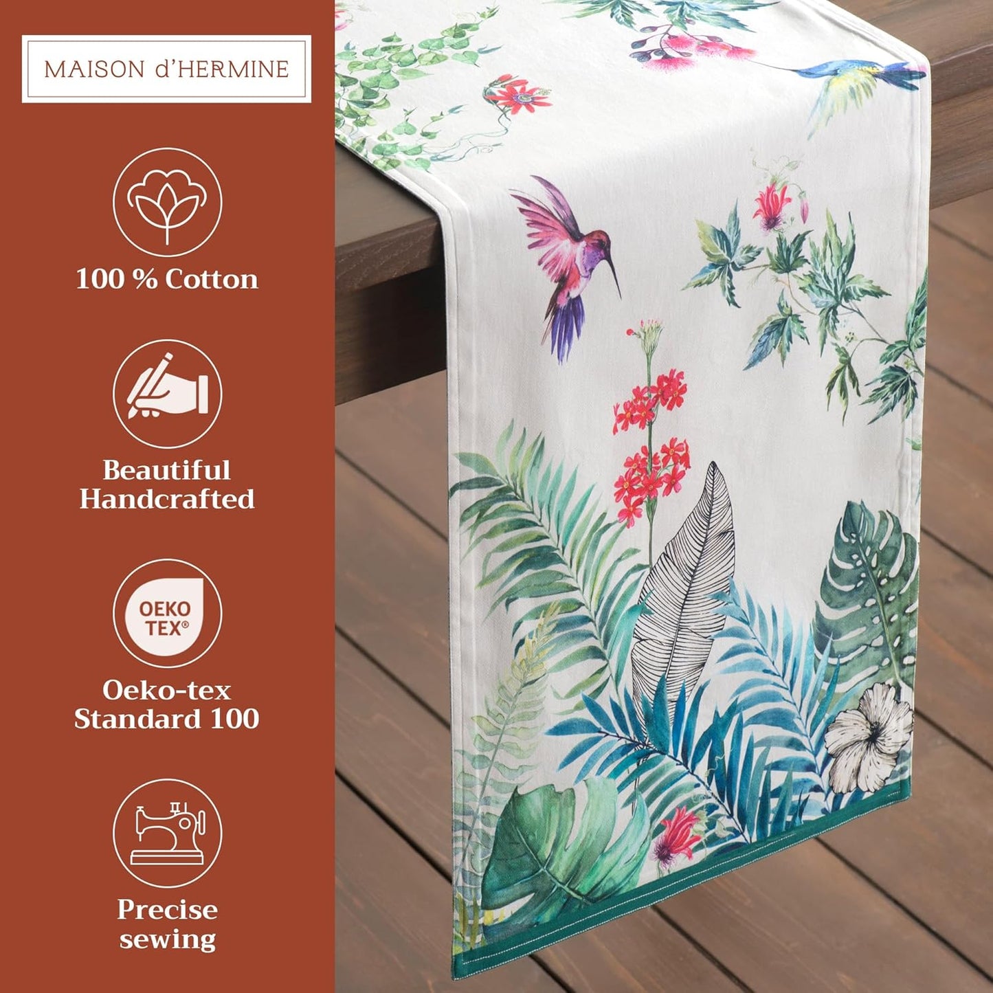 Maison d' Hermine Table Runner 100% Cotton Single Layer Table Runners 108 inches Long Decorative for Kitchen Dining Party Baby Shower Wedding Bridal Shower Spring Summer (Tropiques, 14.50" x 108")