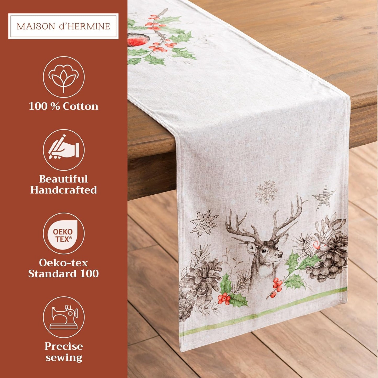 Maison d' Hermine Table Runner 100% Cotton Double Layer Table Runners 108 inches Long for Thanksgiving Christmas Decorations Home Kitchen Dining Party Wedding (Christmas Dew, 14.5" x 108")