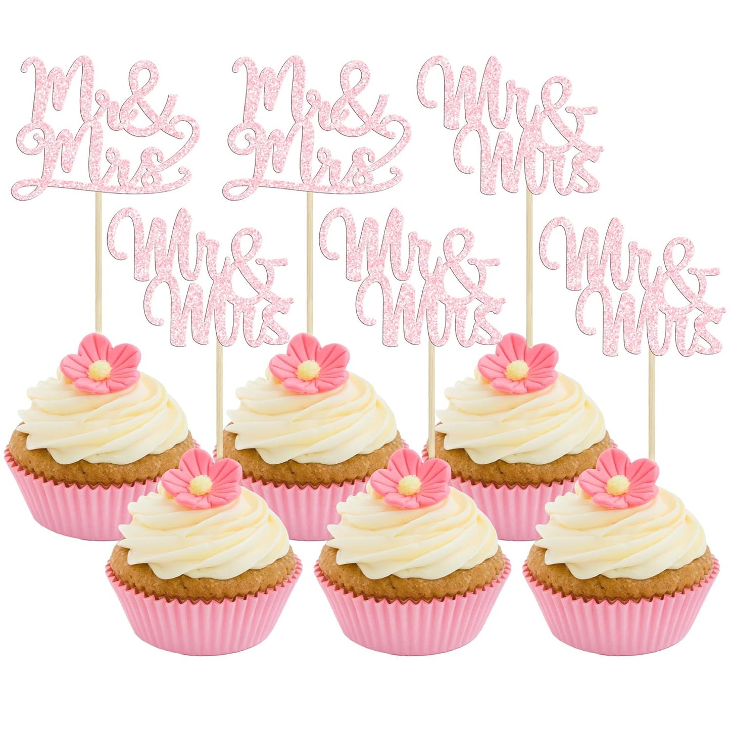 Gyufise 36Pcs Mr & Mrs Cupcake Toppers & Picks Wedding Engagement Cake Decorations for Wedding, Birthday, Anniversary Party Supplies Light Pink
