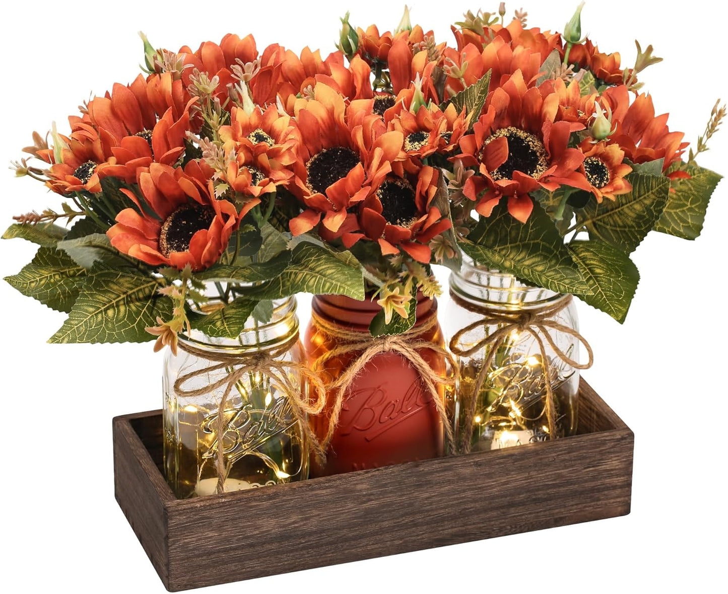 3 Pcs Fall Mason Jar Centerpiece Table Decorations for Dining Table Decor Farmhouse Coffee Table Decor with Wood Tray and Led Light Table Centerpieces for Dining Room Kitchen Living,Orange