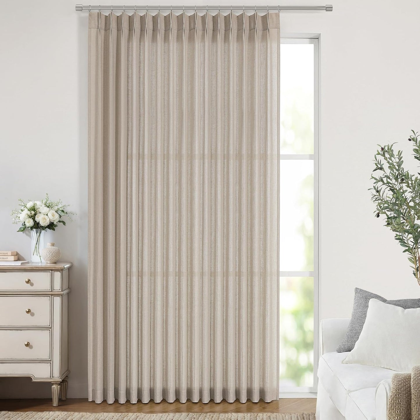 Vision Home Sand Pinch Pleated Semi Sheer Curtains Textured Linen Blended Light Filtering Window Curtains 108 inch for Living Room Bedroom Patio Pinch Pleat Drapes with Hooks 1 Panel 84" Wx108 L