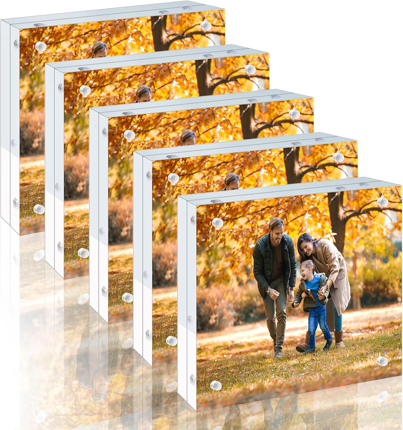 5 Pack 4x4 Acrylic Picture Frames - 20% Thicker Double Sided Magnetic Frame with UV Protection - Freestanding Clear Frameless Display for Tabletops - Modern Photo Frame Set for Home & Office Decor