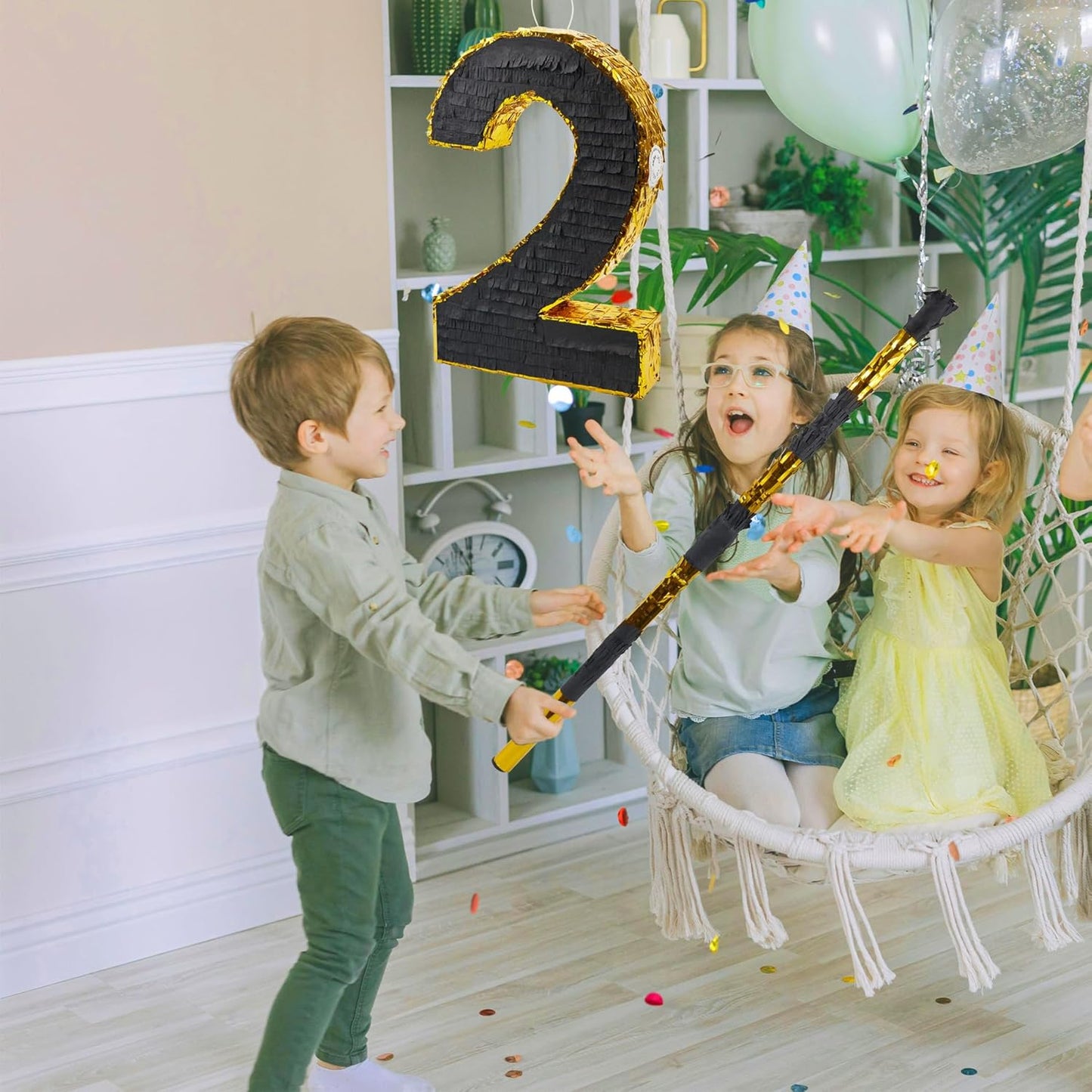 PCFING 20 Inch Number 2 Piñata Gold Black with 30 Inch Piñata Stick Blindfold Confetti for Man Women Boys Girls Birthday Party Decorations, Anniversary Celebration, Fiesta