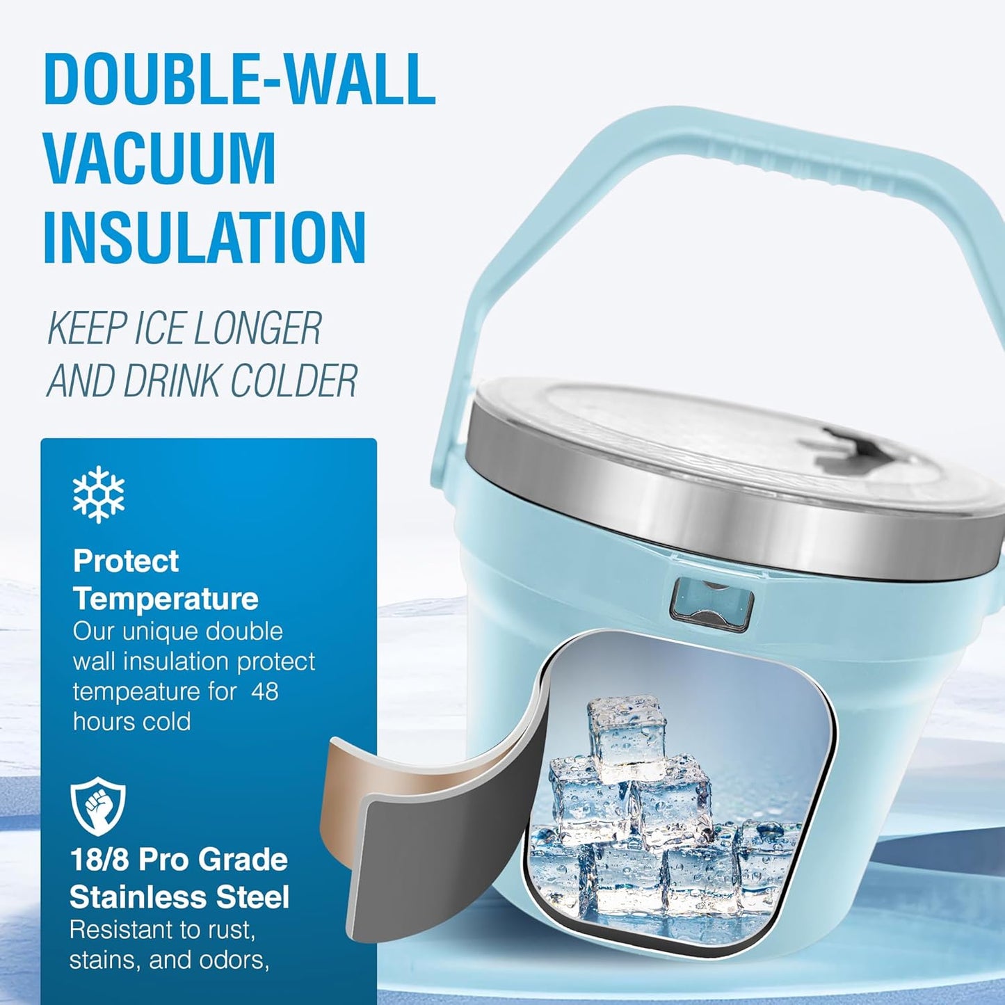 Insulated Ice Bucket with Lid & Scoop-XL Double-Walled, bar Essentials for Entertaining, Holiday Party, Stainless Steel Wine Chiller, Beverage Tub with Handle, Bottle Opener, Great Gift(Ocean Blue)