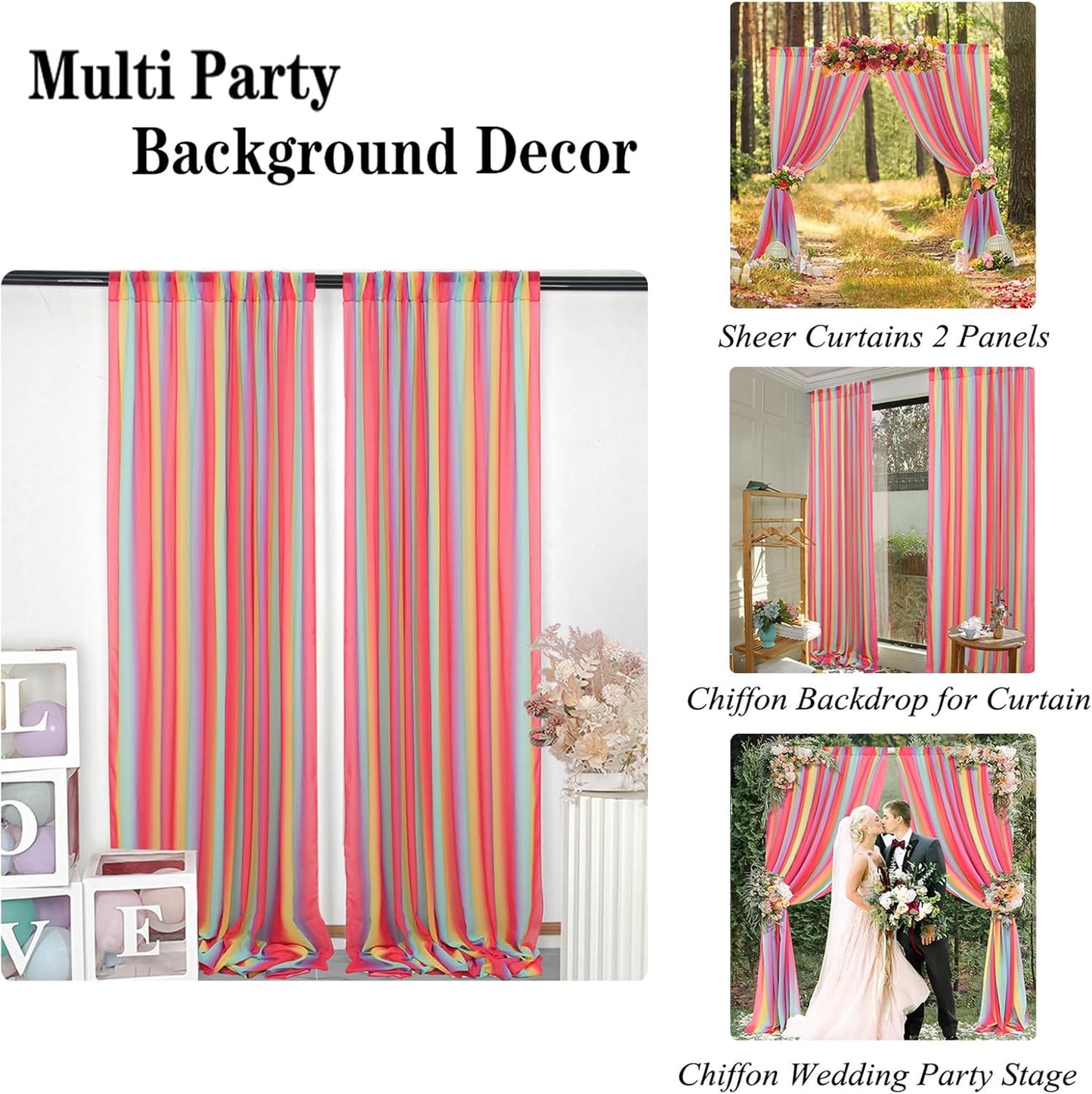 DUOBAO Rainbow Sheer Chiffon Wedding Arch Backdrop – 10ft Tall Fabric Arch for Ceremony,Elegant Event Decorations,Photo Booth, Birthday Party Decor –2 Panels, W29xL120