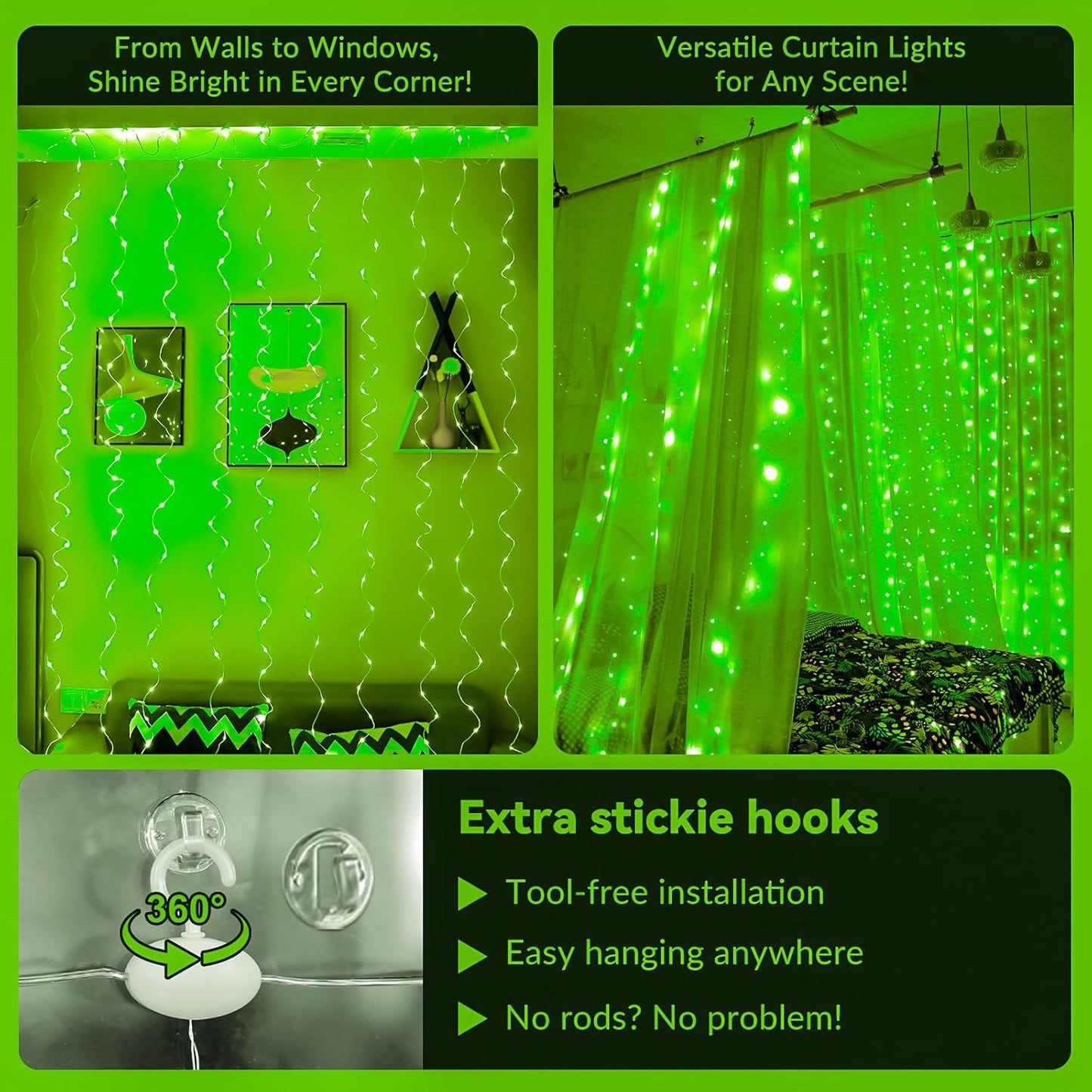 HXWEIYE 300LED Fairy Curtain Lights, 9.8x9.8Ft USB Plug-in 8 Modes Christmas String Hanging Lights with Remote for Bedroom Backdrop Wedding Party Indoor Wall Decor, Green