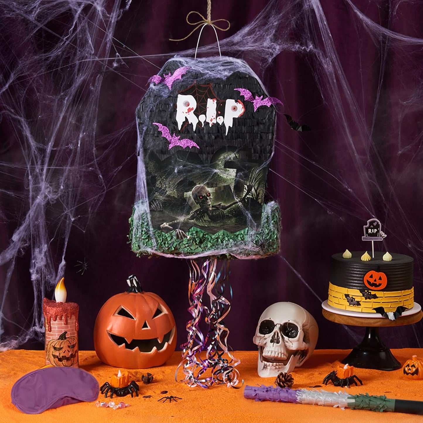 WERNNSAI Halloween Tombstone Piñata - Tombstone Bat Pinata Halloween Party Decor Favors for Kids Birthday Games Rip to Adults Birthday Decorations with Bat Blindfold