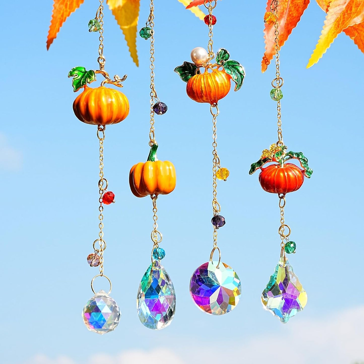 HDCRYSTALGIFTS Set 4 Fall Pumpkin Suncatchers Crystals Sun Catchers Indoor Window Hanging Thanksgiving Tree Decorations for Farmhouse Harvest Autumn Home Party Decor