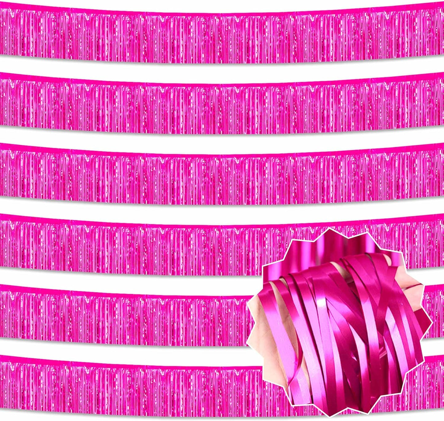 6 Pack 10 Ft Fuchsia Foil Fringe Garland Metallic Streamers Tinsel Banner Wall Hanging Garland Backdrop for Parade Floats, Halloween, Christmas, Thanksgiving, New Year Party Decorations
