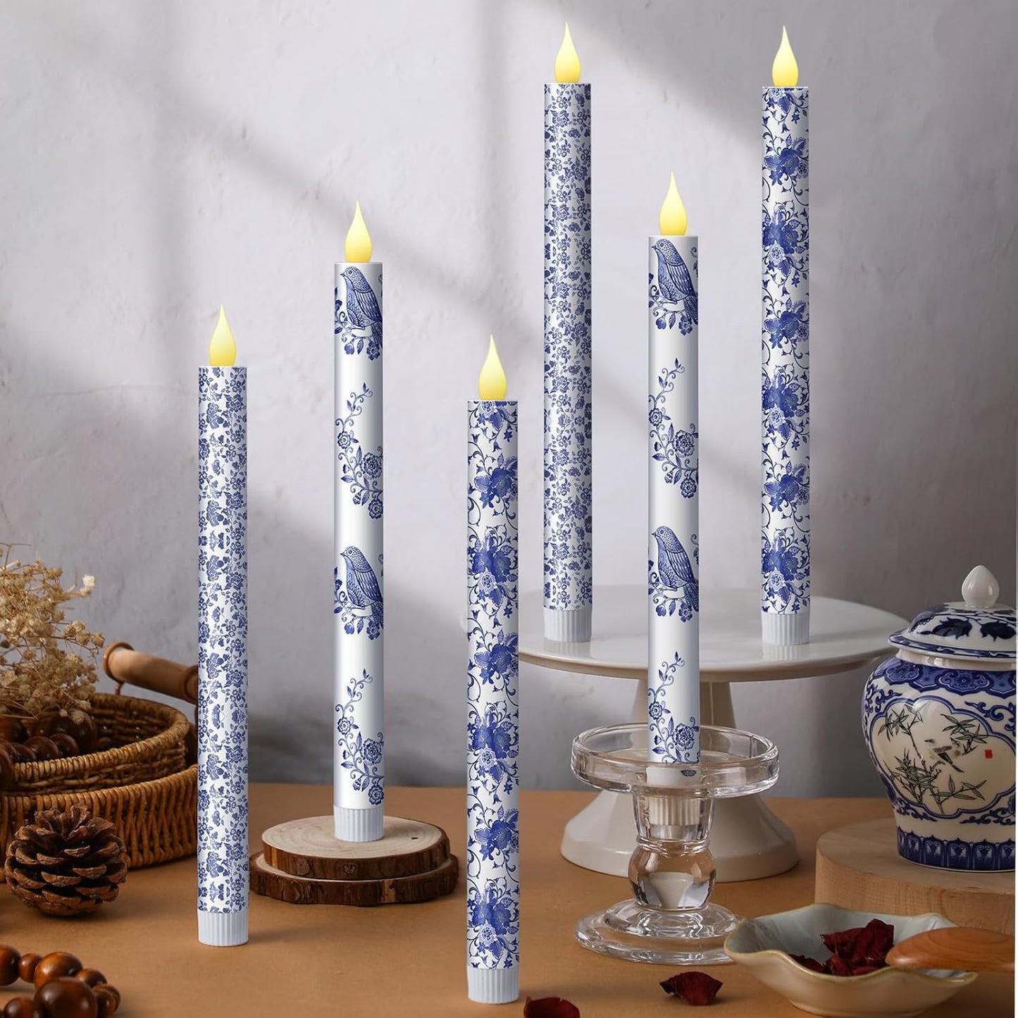 Baquler 6 Pcs Chinoiserie Bird Floral Flameless Candles 10.6 Inch Christmas Blue and White Battery Operated Led Candlesticks Chinoiserie Decor for Christmas Centerpiece Xmas Party Decor Holiday Gifts