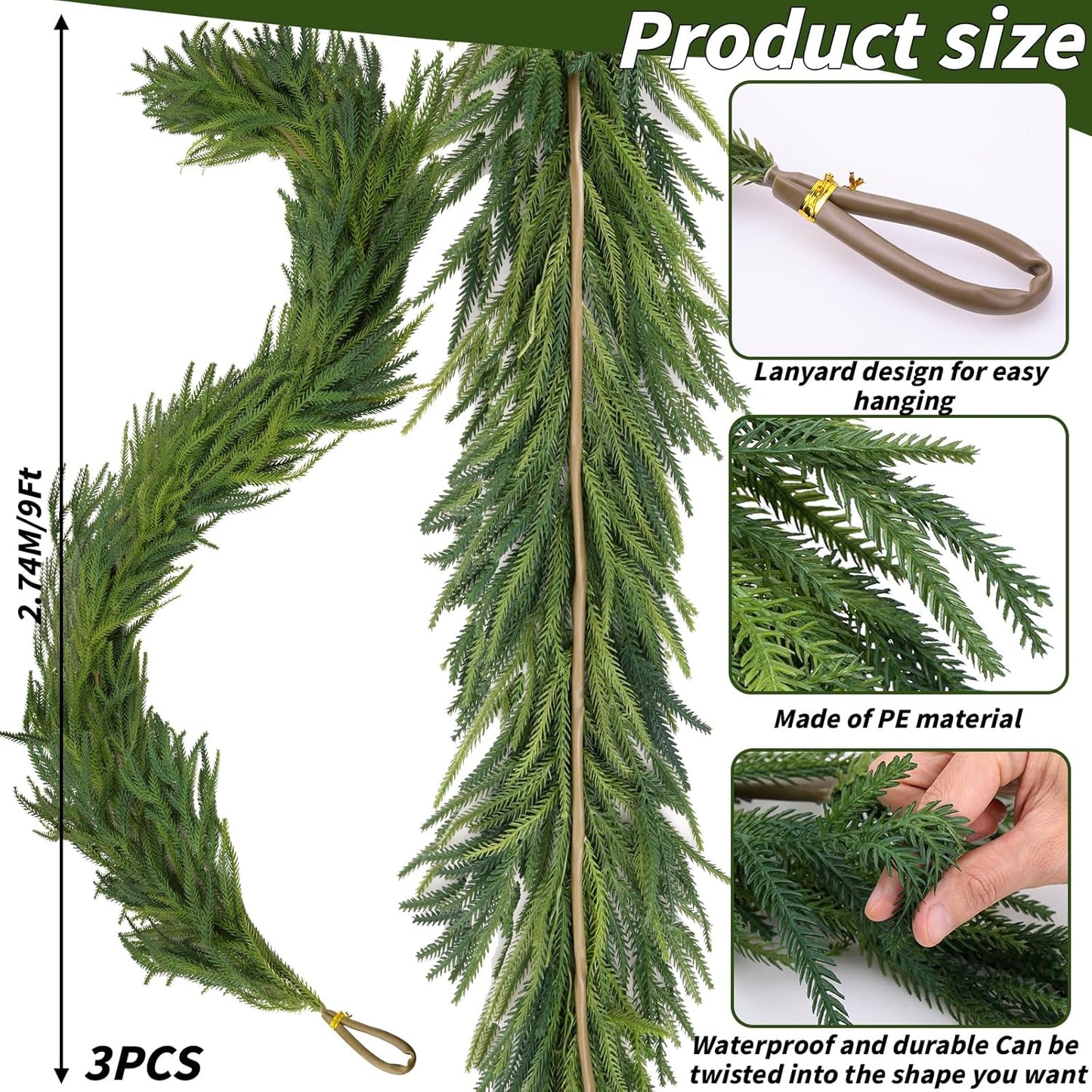 3 Pcs Artificial Norfolk Pine Garlands Christmas, 9 FT Dense Real Touch Winter Pine Garland Ornament, Green Artificial Greenery Garland for Table, Mantle, Wall, Indoor, Outdoor Christmas Decorations