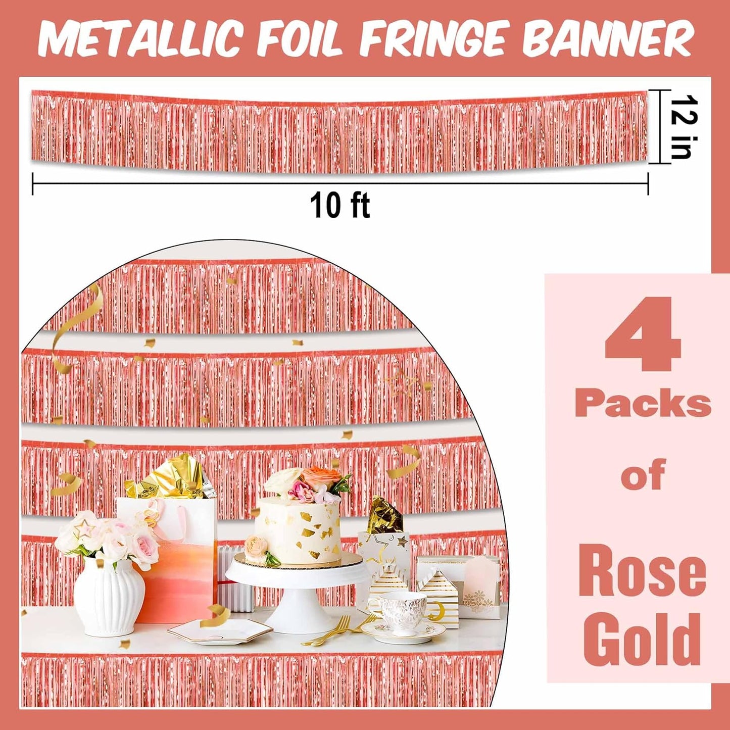 4 Pack 10 Ft Rose Gold Foil Fringe Garland Metallic Streamers Tinsel Banner Wall Hanging Garland Backdrop for Parade Floats, Halloween, Christmas, Thanksgiving, New Year Party Decorations