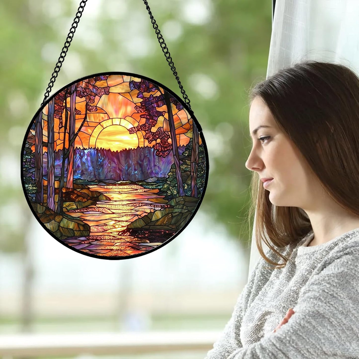Stained Glass Window Hanging, Orange Landscape Green Purple Lake Forest Suncatcher for Doors Window Home Sun Catchers Decor Mother's Day Birthday Gifts for Women Men Mom 11.8 in