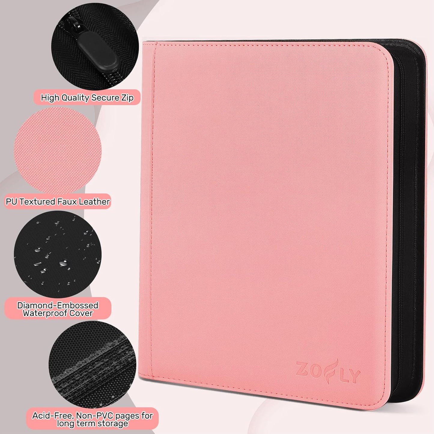 12 Pocket Card Binder, Zipper Trading Card Binder, 720 Large Capacity Side Loading Non-Ring Card Album, Double Sided Acid-Free Card Protector Binder, Card Collection for TCG, MTG, Sport Card, Pink