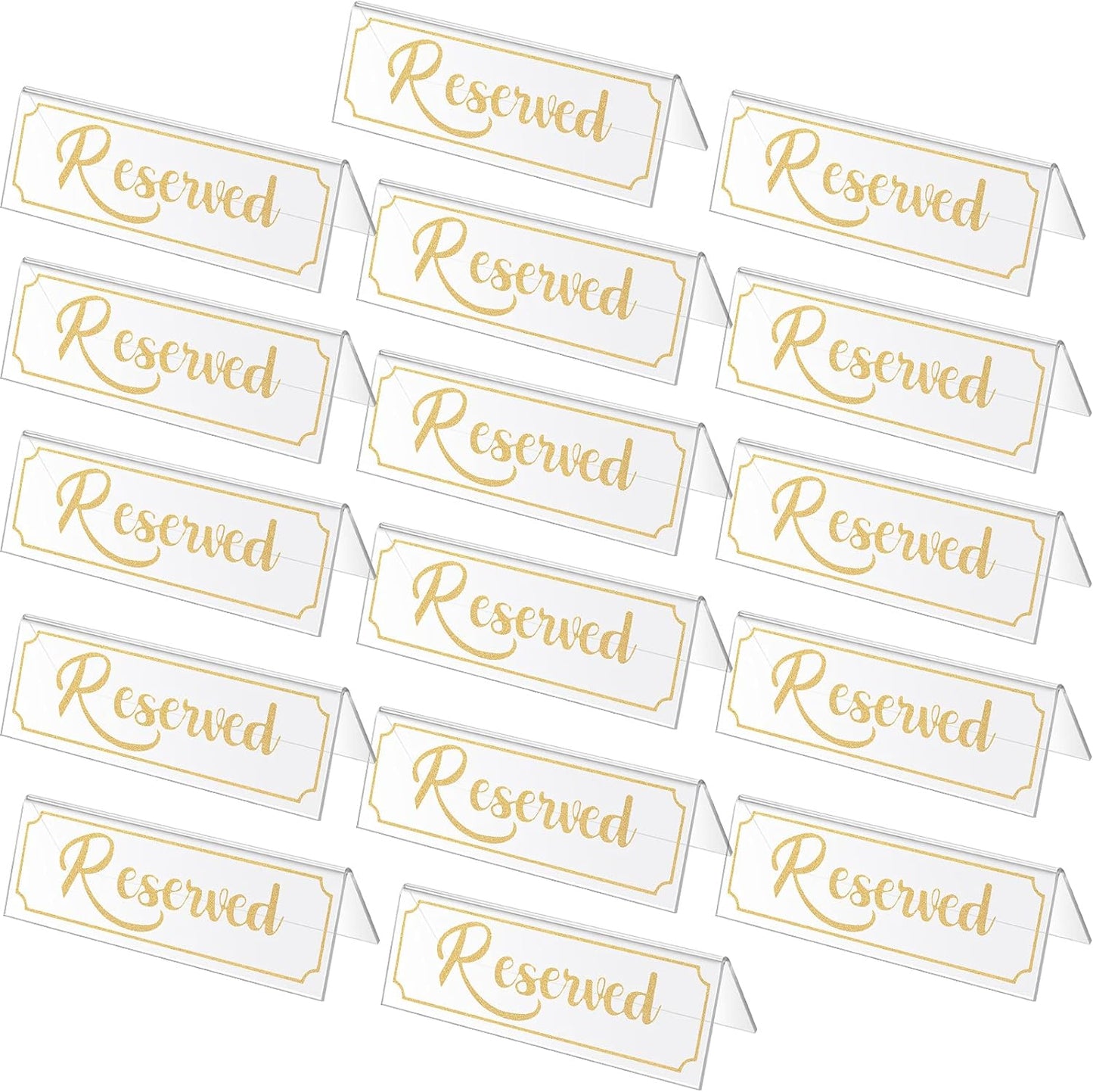 Jetec 16 Pieces Reserved Sign Acrylic Clear Reserved Table Tent Signs Table Number Holders for Wedding Printed Seating Reservation Restaurant Business Office Meeting Party (Gold)