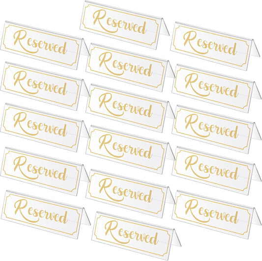 Jetec 16 Pieces Reserved Sign Acrylic Clear Reserved Table Tent Signs Table Number Holders for Wedding Printed Seating Reservation Restaurant Business Office Meeting Party (Gold)