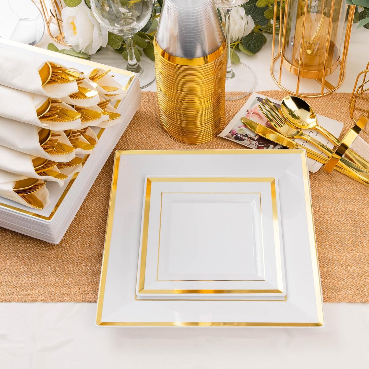 Goodluck 352 Piece Gold Dinnerware Set for 50 Guests, Thanksgiving Square Plastic Plates with Gold Trim, Include: 100 Plastic Plates, 50 Rolled Napkins, 50 Cups, 50 Cutlery Set and 2 Tablecloth