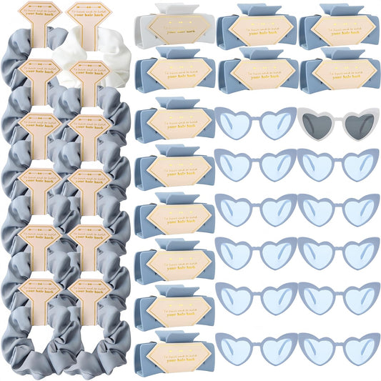 36pcs Bridesmaid Scrunchies Proposal Gifts Bachelorette Hair Claws Clips Girls heart sunglasses for Wedding Party Favors (White&Dusty Blue)