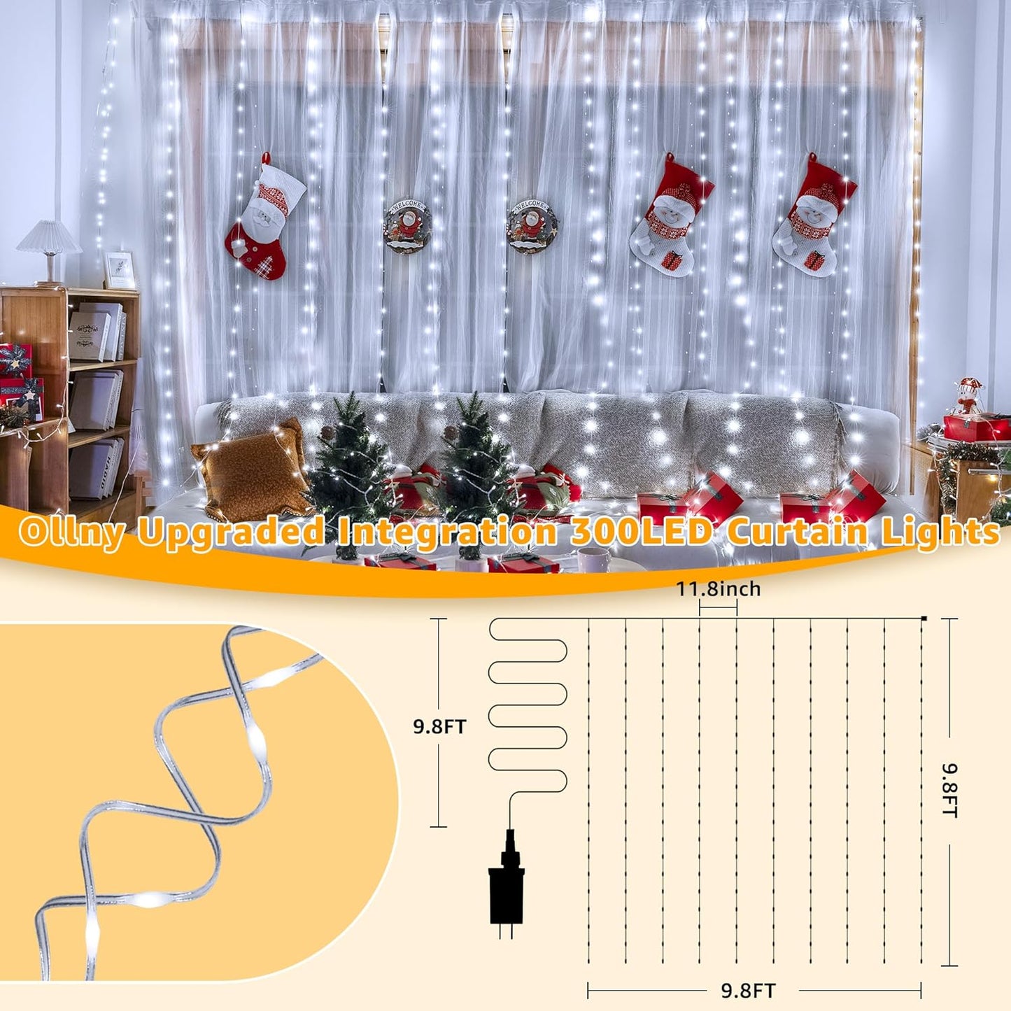 Ollny Curtain Lights 300LED 9.8ftx9.8ft, Connectable IP67 Waterproof Outdoor Curtain String Lights with Remote, Plug-in Untangle Fairy Lights with 8 Modes 3 Timers for Wall Backdrop Decor(Cool White)