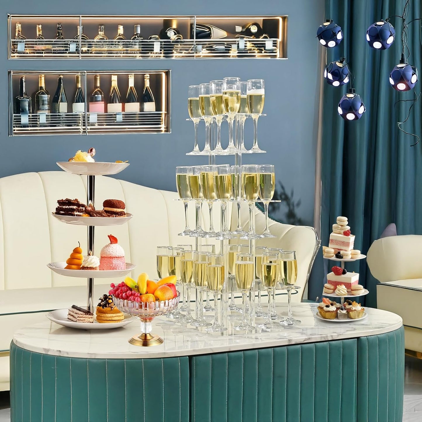 Champagne Tower, Rectangle Acrylic Champagne Display Rack Stand with 32 Slots, 3 Tier Floating Sight Champagne Flute Holder for Party, Wedding, School, Celebration, 17.3x11.8x25.5inch