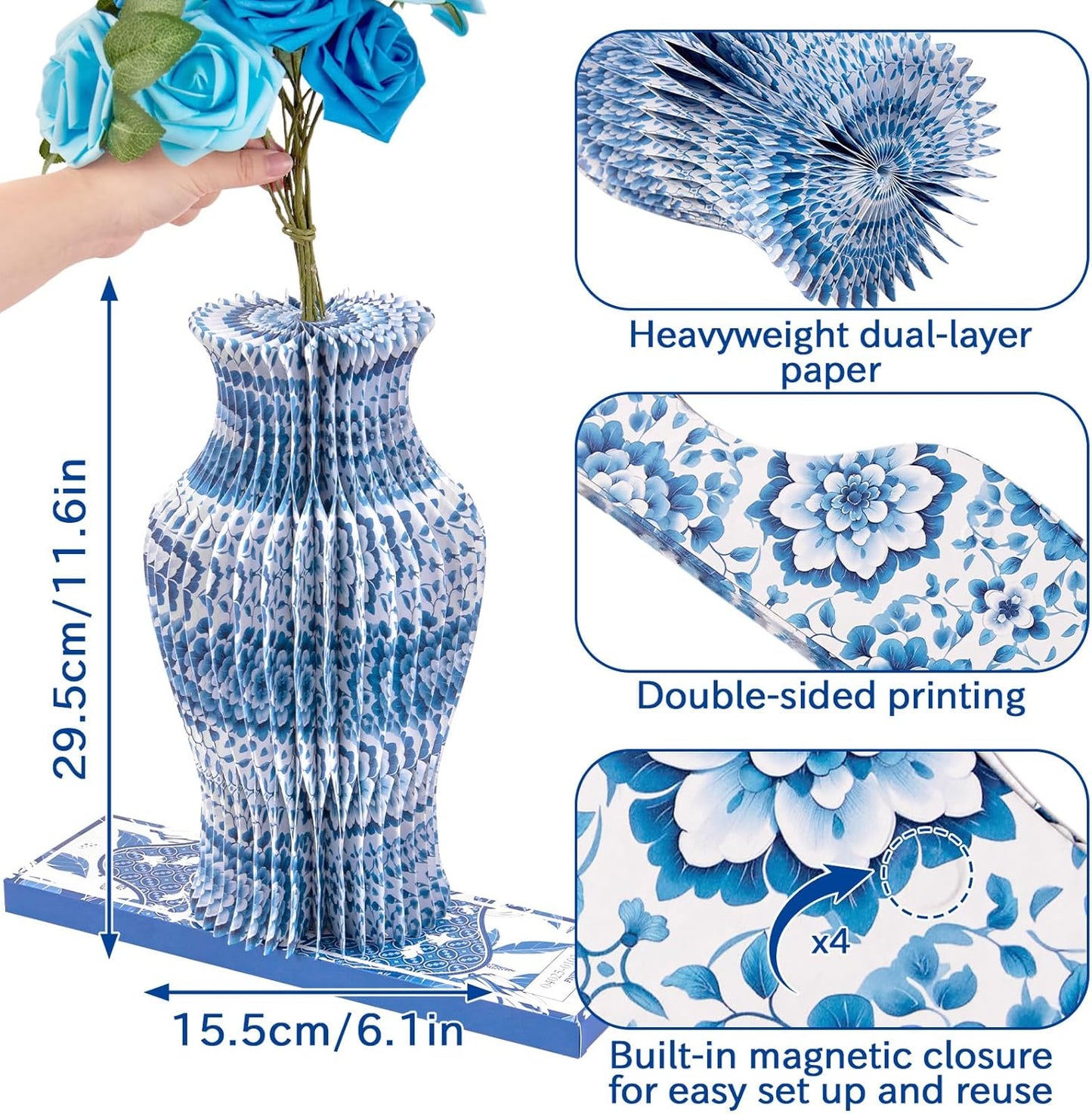 Blue and White Paper Honeycomb Vase, 11.6 Inch Foldable Decorative Vase with Magnetic Closure, Chinoiserie Décor Vase, Reusable Table Centerpiece for Home Decor, Party Decorations