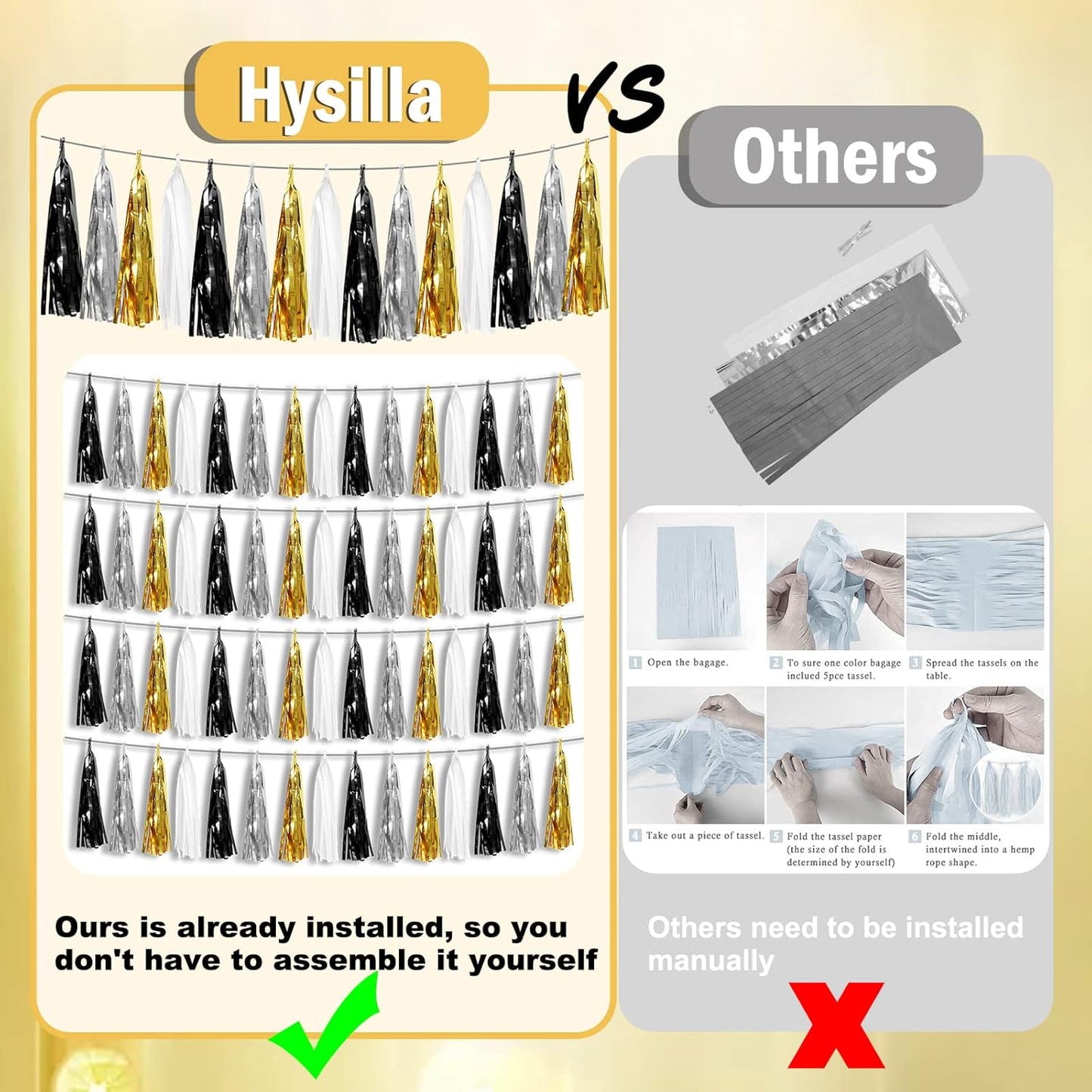 4P Black Gold Silver Foil Fringe Metallic Tassel Garland, Tassels Banner Streamers for Parade Floats, Bachelorette, Wedding, Birthday, Halloween, Christmas, Bridal/Baby Shower Party Decorations