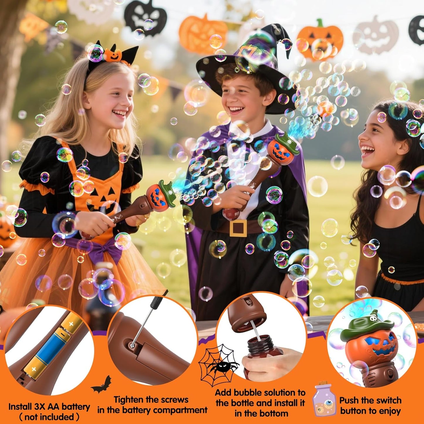 Halloween Pumpkin Bubble Wand for Kids - 2 Pack Automatic Bubble Machine Blower Toys for Toddlers 3-8 with LED Lights, Music Function, DIY Stickers,10 Refill Solutions, Halloween Party Favors Gifts