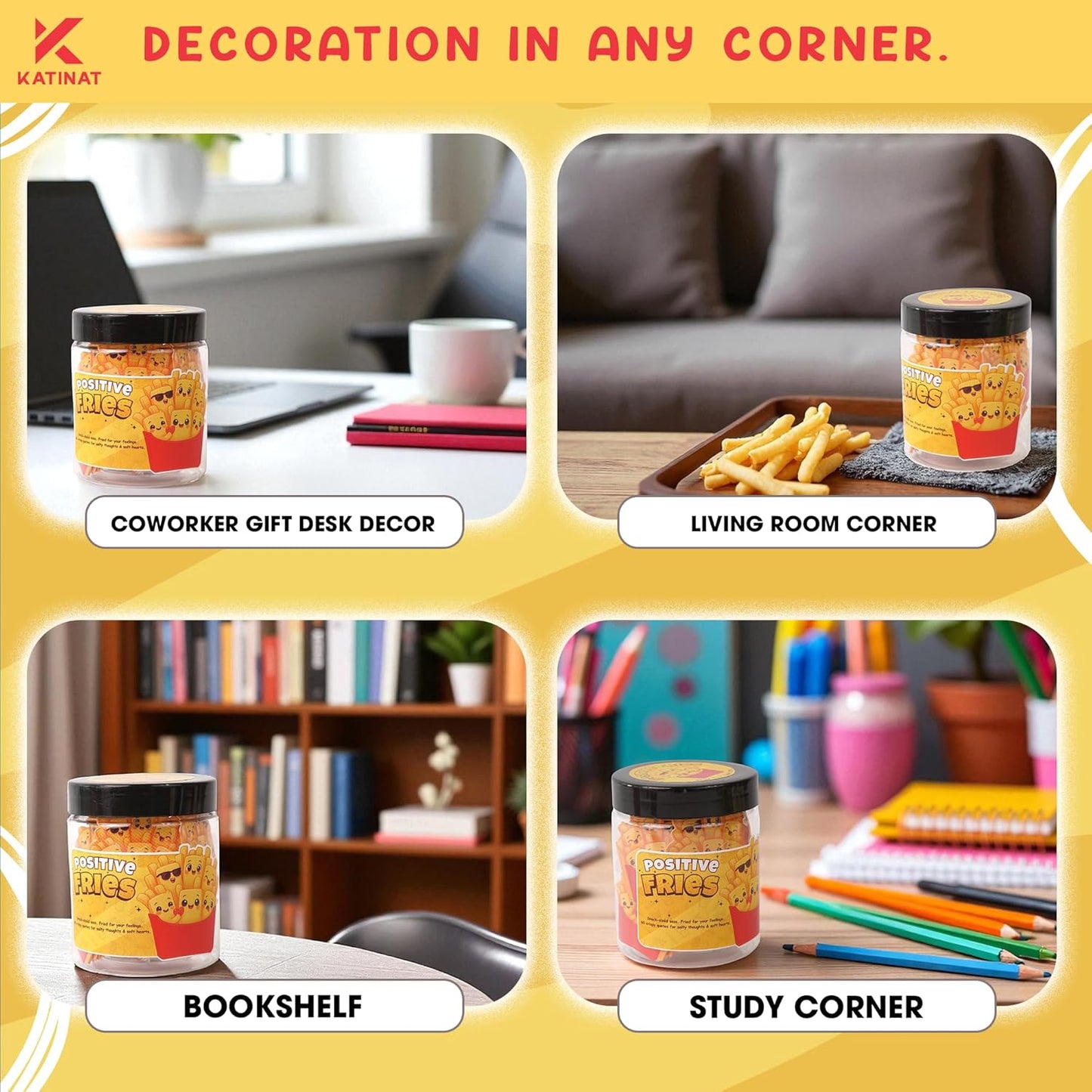 Positive Fries Jar – 60 Funny Affirmation Cards, Emotional Support Fries for Friends, Teens, Coworkers, Funny Foodie Gifts for Stress Relief and Positivity