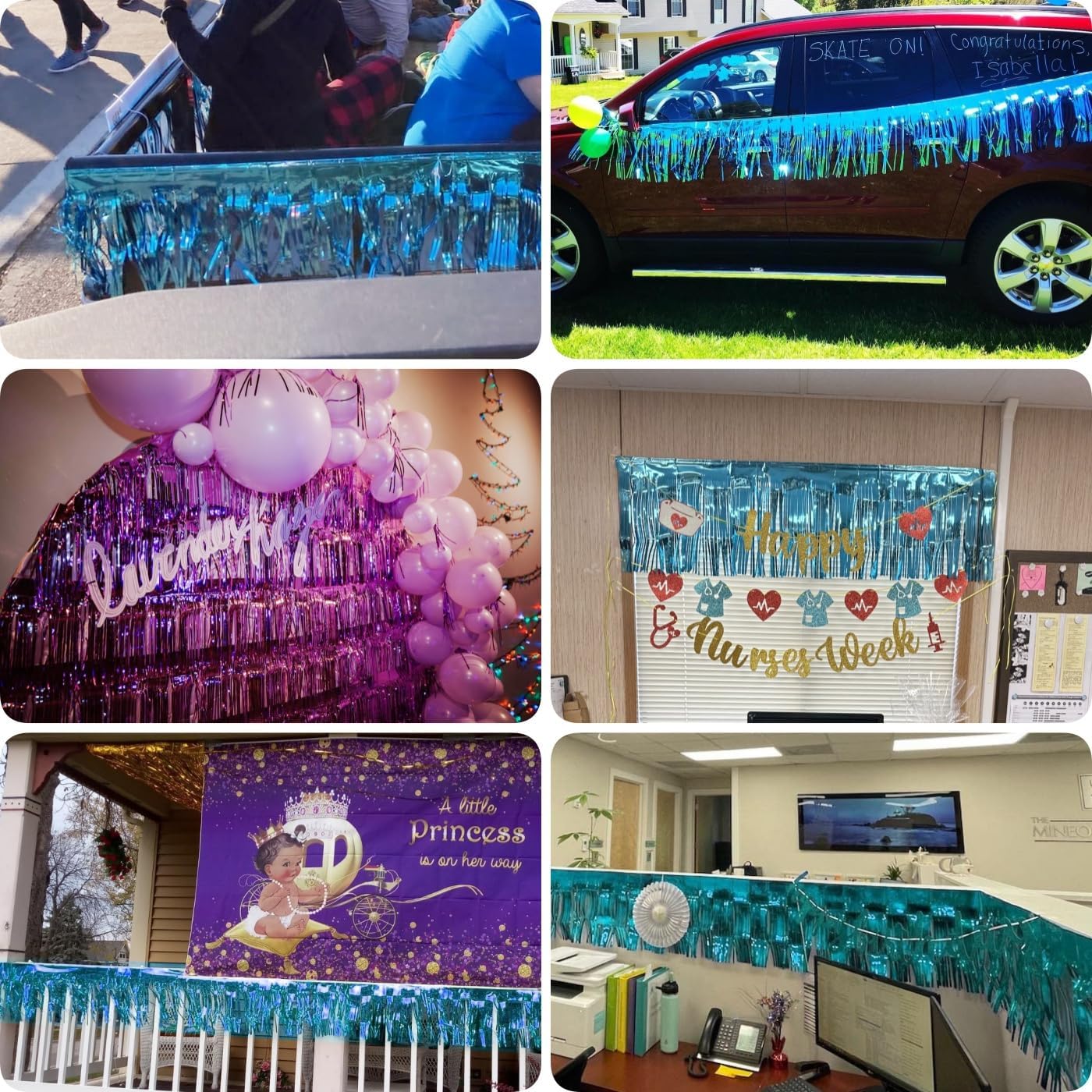 4 Pack Total 40 Feet Foil Fringe Garland Light Blue Metallic Wall Hanging Drapes Tassel Skirting Teal Tinsel Streamers for Parade Float Trailer Mardi Gras Party Birthday Wedding (Turquoise)