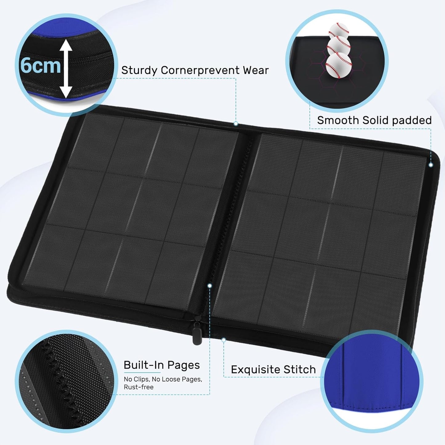 12 Pockets Trading Card Zipper Binder for 720 Cards, 30 Side-Loading Card Binder Folders, Ringless Card Sleeves with PU Cover, Collectible Trading Card Albums for Boys, Girls, Sports Game Cards, Blue