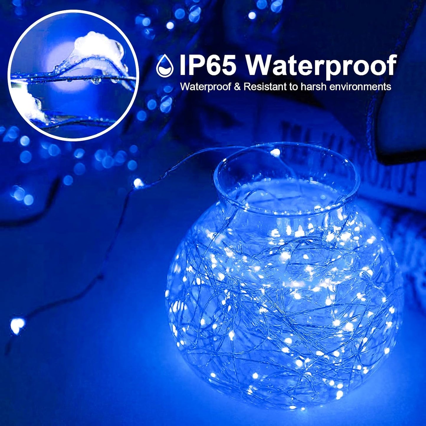2 Pack 16Ft 50 LED Blue Fairy Lights Mini String Lights Waterproof for Mason Jars Halloween Christmas Parties Wedding Table Centerpieces Decoration